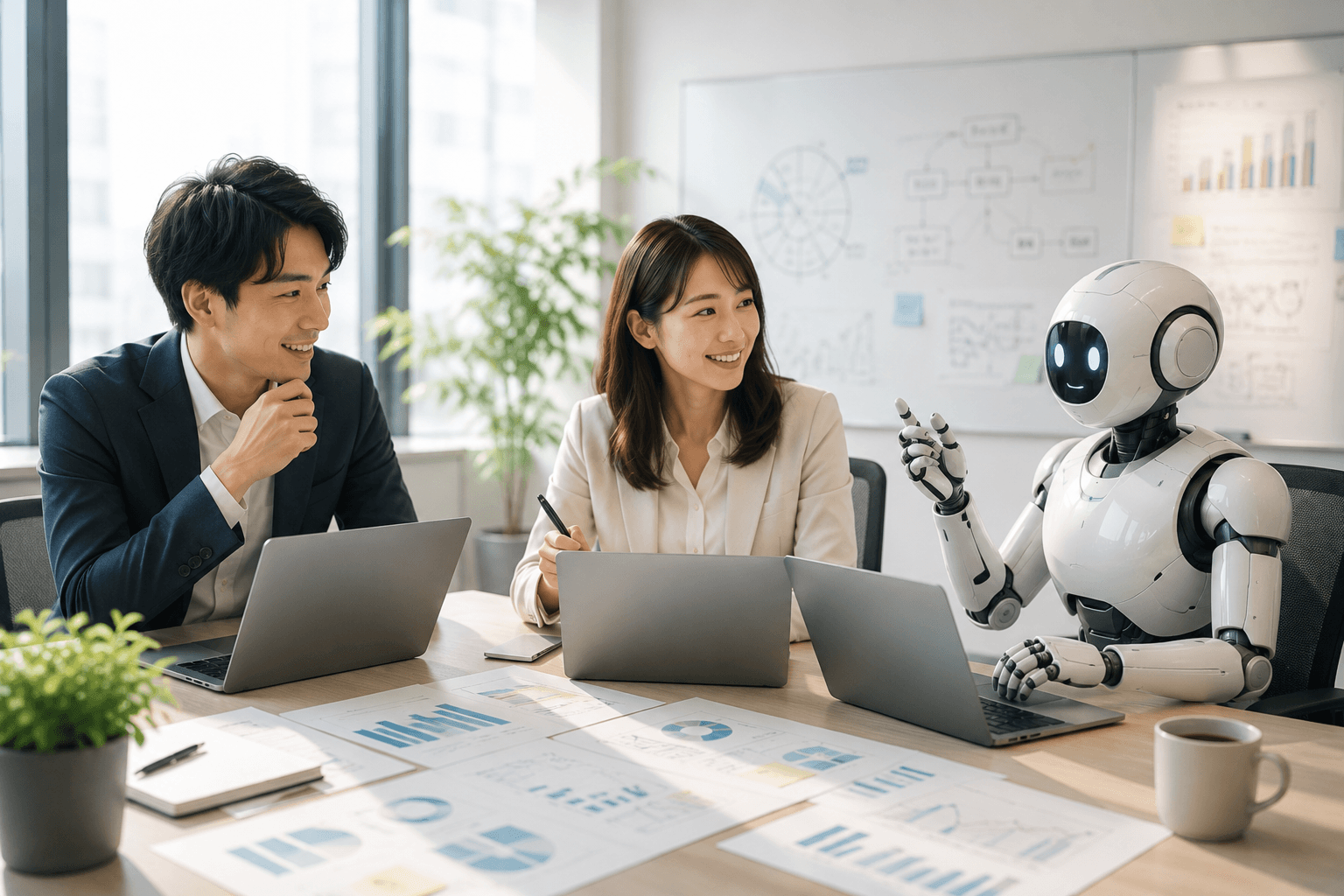 講師がチームに PowerApps 研修を行うイメージ